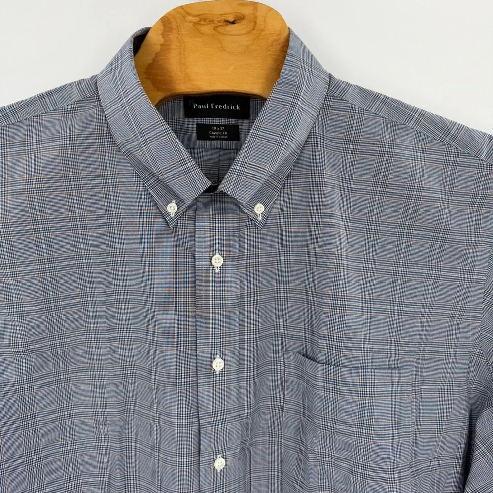 Paul Fredrick Mens Classic Fit Glen Plaid Dress Shirt Blue Brown 19 x 37 DHT580P